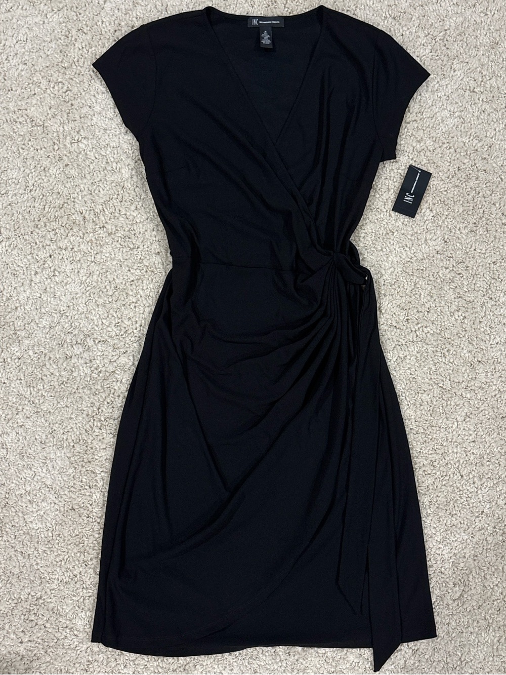 NWT INC International Concepts Black Ruched Wrap V-Neck Midi Dress Size Medium